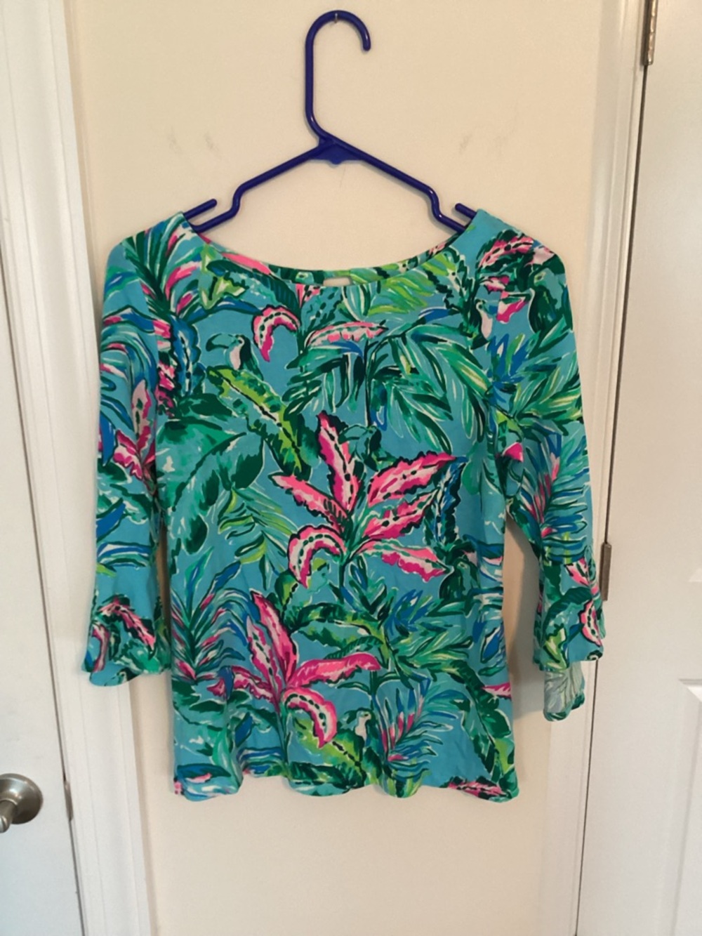 Lilly Pulitzer Turquoise Tropical Floral Boatneck Top